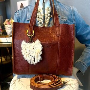 Leather Tote Bag in Brown with Macrame Charm - Unbranded